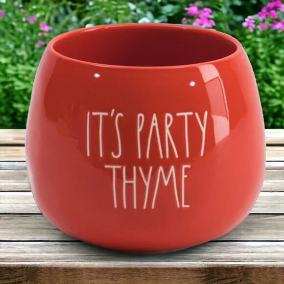 Rae Dunn IT'S PARTY THYME Round Planter Bowl Vase CottageCore Herb Garden NEW! - Picture 5 of 5